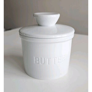 White Ceramic Butter Bell | French Butter Keeper | Embossed “Butter” Crock w Lid